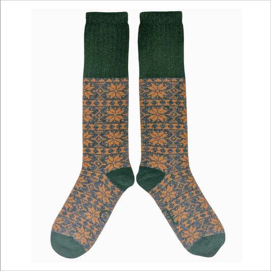 Catherine Tough - Women's Fir-Green & Mustard Fair Isle Lambswool Knee Socks