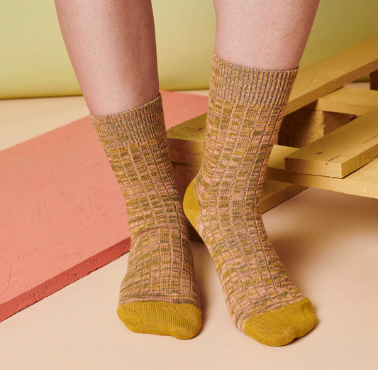 Catherine Tough Marl Cotton Socks - Khaki / Lime / Peach