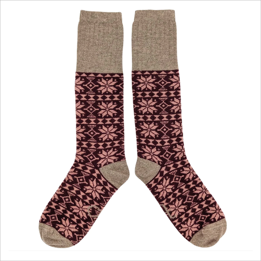 Catherine Tough - Lambswool Women's Plum & Pink Fair Isle Lambswool Knee Socks